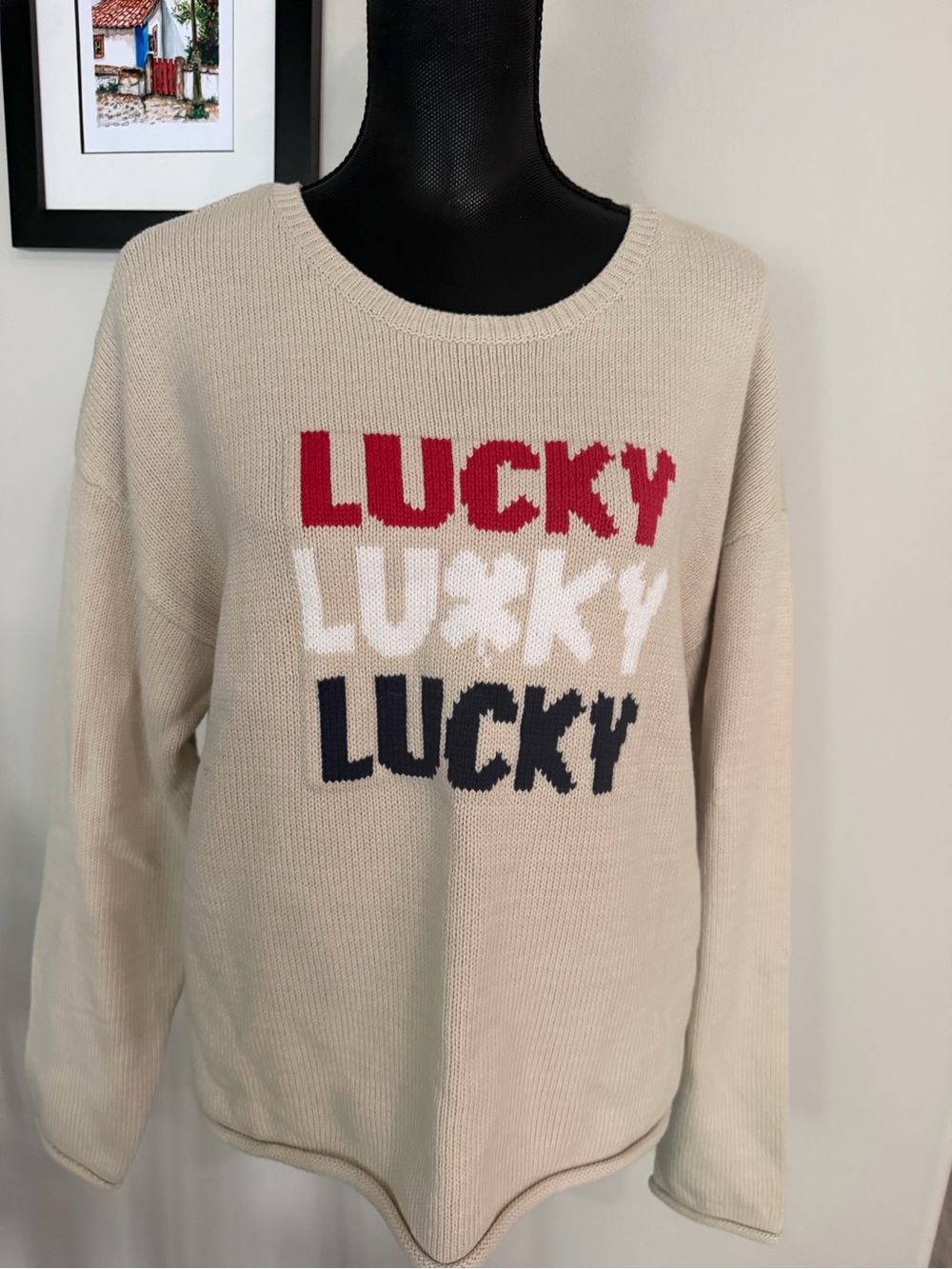 NWT Lucky Brand Beige Crewneck Sweater with Red, White & Navy 'LUCKY' Text L